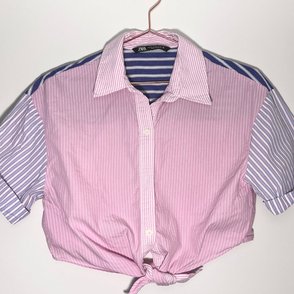 Zara Contrasting Striped Poplin Crop Shirt Like New
